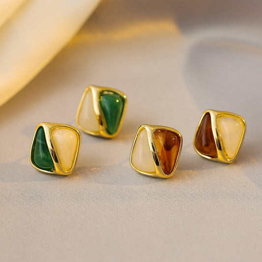 Enamel block stud earrings (Amber/Green)